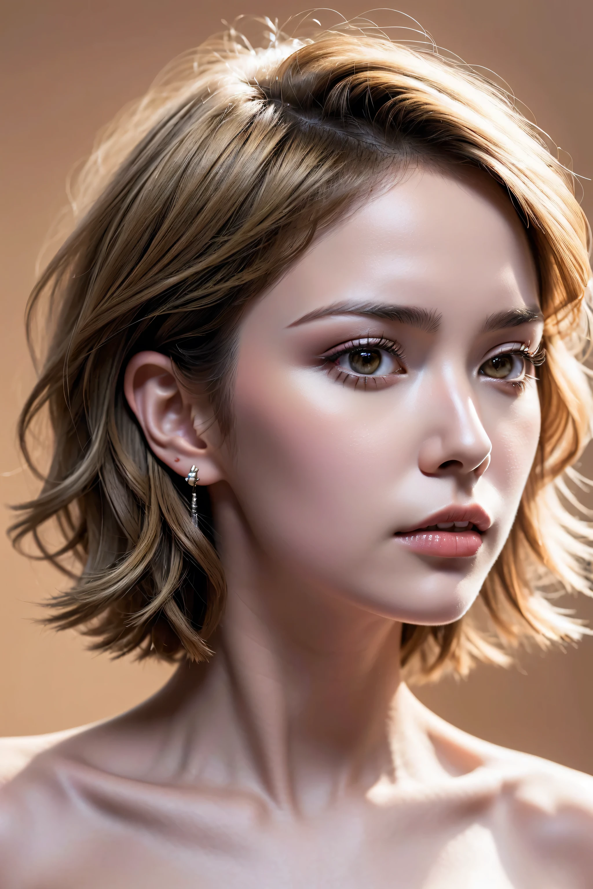 Realism, a realistic photo of (1girl:1.3, 20-year-old), ((in a photo studio)), (Warm color background:1.25), ((short blonde hair, (wavy, combed up, behind the ear), extremely detailed:1.35)), (extremely detailed CG unity 8k wallpaper), (best high quality real texture skin:1.3, A woman with velvety skin:1.2), ((best high quality real texture hair)), photo of the most beautiful artwork in the world, professional majestic (photography by Steve McCurry), 8k uhd, dslr, soft lighting, high quality, Fujifilm XT3 sharp focus, f 5.6, High Detail, dramatic, ((Dynamic position:1.4)), ((look right, look left, up and down)), , ,((wide shot from random side of face:1.4)), Wear a white tank top, (the most absurd quality perfect eyes:1.15), ((super beautiful cute sharp-face)), (light pale complexion), ((clear no blur and sharp perfect round realistic brown_eyes:1.25), ultra details), ((finely detailed pupils:1.2)), ((detailed symmetrical lips:1.3)), pink_lipstick:1.25, (natural light), ((zoom out the camera))