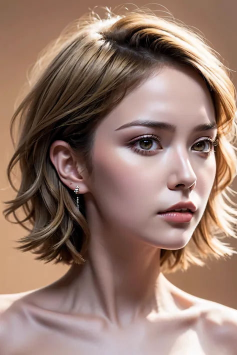 Realism, a realistic photo of (1girl:1.3, 20-year-old), ((in a photo studio)), (Warm color background:1.25), ((short blonde hair...
