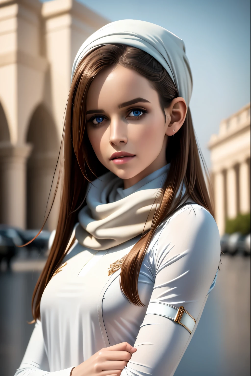 best quality, (wide shot), CGSsociety, 8K, ultra-realistic, masterpiece,  dark elf, brown hair,  white clothes, black scarf, looking up, upper body, lock of hair, straight and loose hair