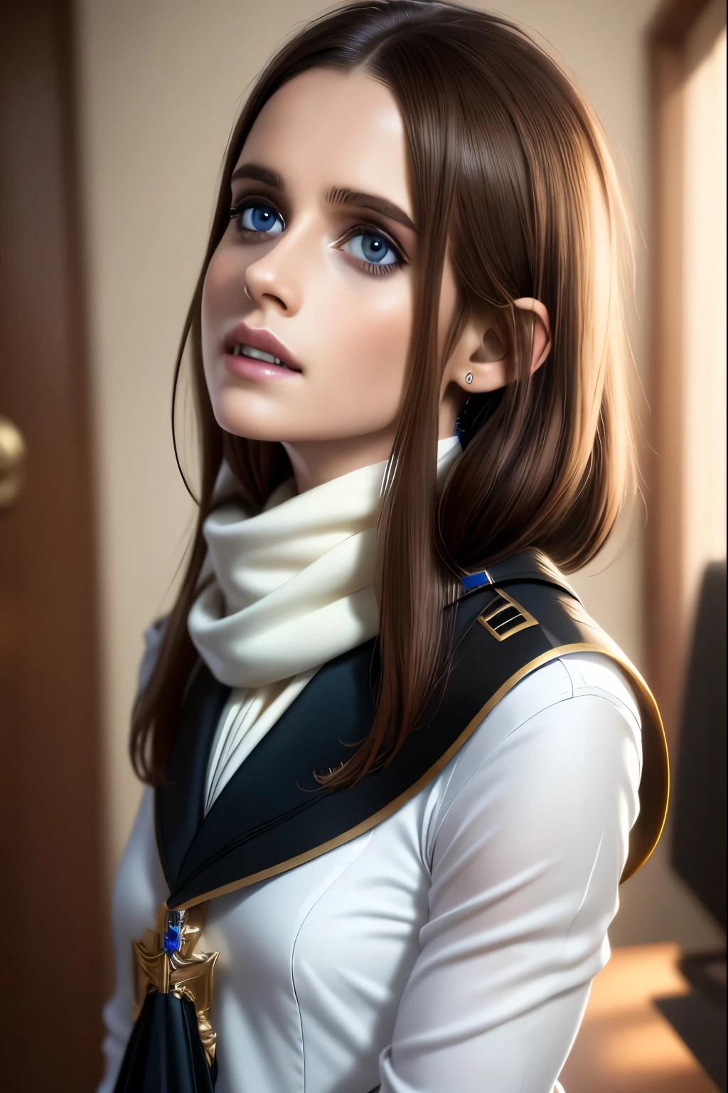 best quality, (wide shot), CGSsociety, 8K, ultra-realistic, masterpiece,  dark elf, brown hair,  white clothes, black scarf, looking up, upper body, lock of hair, straight and loose hair