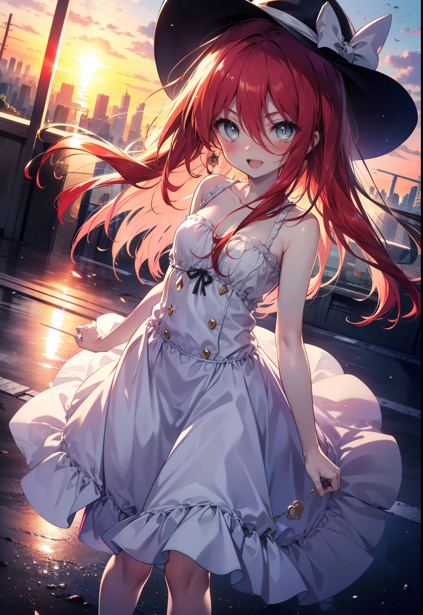 Shana,灼眼のShana,Ahoge,Long Hair,Redhead, Red eyes:1.5, Small breasts,smile,blush,Open your mouth,Sleeveless dress,Exposing shoulders,bare clavicle,Bare neck,Rocket Pendant,White Hat,Long skirt,Cute heeled sandals,Looking down from above,sunset,evening,The sun goes down,whole bodyがイラストに入るように,
break looking at viewer, whole body,
break outdoors, City Street,construction area,
break (masterpiece:1.2), highest quality, High resolution, unity 8k wallpaper, (shape:0.8), (Beautiful and beautiful eyes:1.6), Highly detailed face, Perfect lighting, Extremely detailed CG, (Perfect hands, Perfect Anatomy),