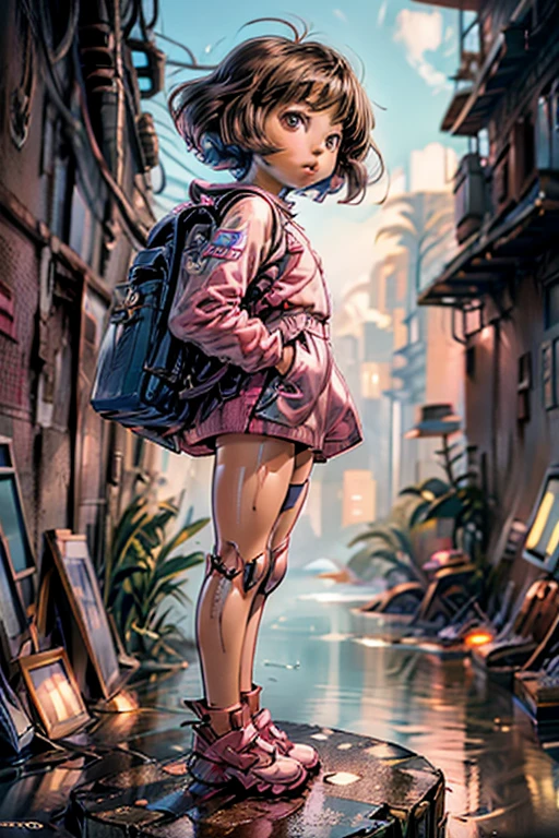 sci-fi anime, cinematic, dramatic, full body, dynamic view, medium far angle, HD8K quality, brunette girl, brown eyes, pink bob cut hair, space colonist suit, hi-tech backpack, sassy look, exploring an alien ruin flooded,