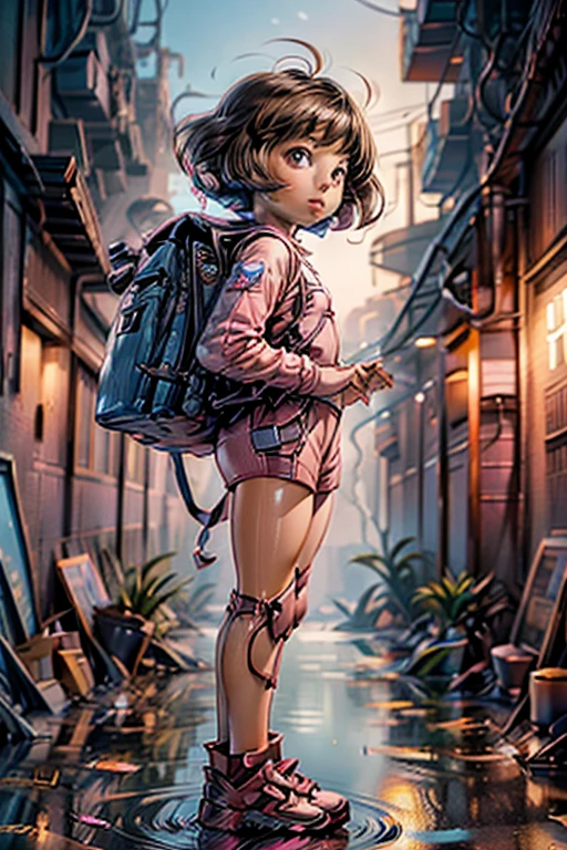 animé de science-fiction, Cinématique, Spectaculaire, tout le corps, vue dynamique, angle moyen, Qualité HD8K, Fille brune, yeux marrons, cheveux coupés au carré rose, costume de colon spatial, sac à dos de haute technologie, regard impertinent, explorer une ruine extraterrestre inondée,