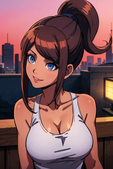 aoi asahina, white tanktop, dark brown hair, mid long hair, blue eyes, young adult, 22 years, beautiful face, light smile, city ...