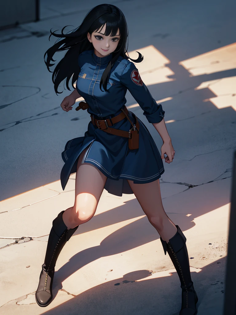 (extremely detailed CG unity 4k wallpaper),(masterpiece),(best quality),(ultra-detailed),(best illustration),(best shadow),(absurdres),(detailed background), Mai, 1girl, solo, black hair, black eyes, boots, dress, smile, long hair, white background, , belt, female ,