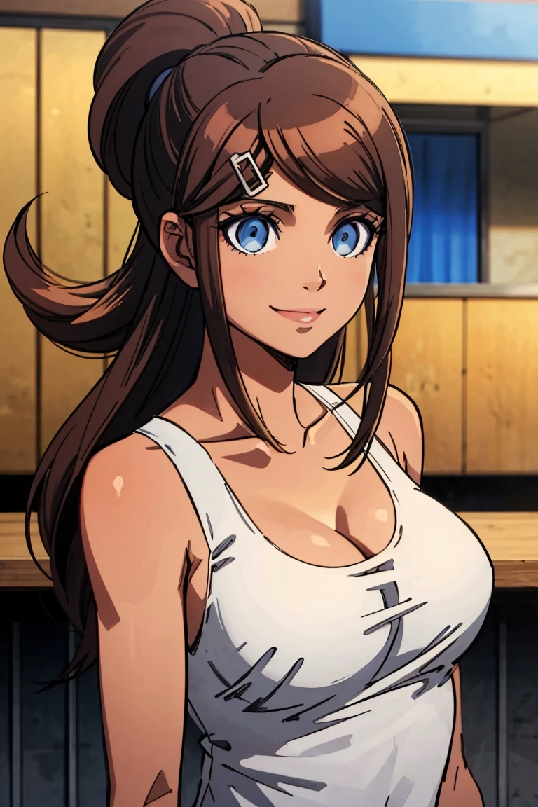 Aoi Asahina, white tanktop, dark brown hair, mid long hair, blue eyes -  SeaArt AI