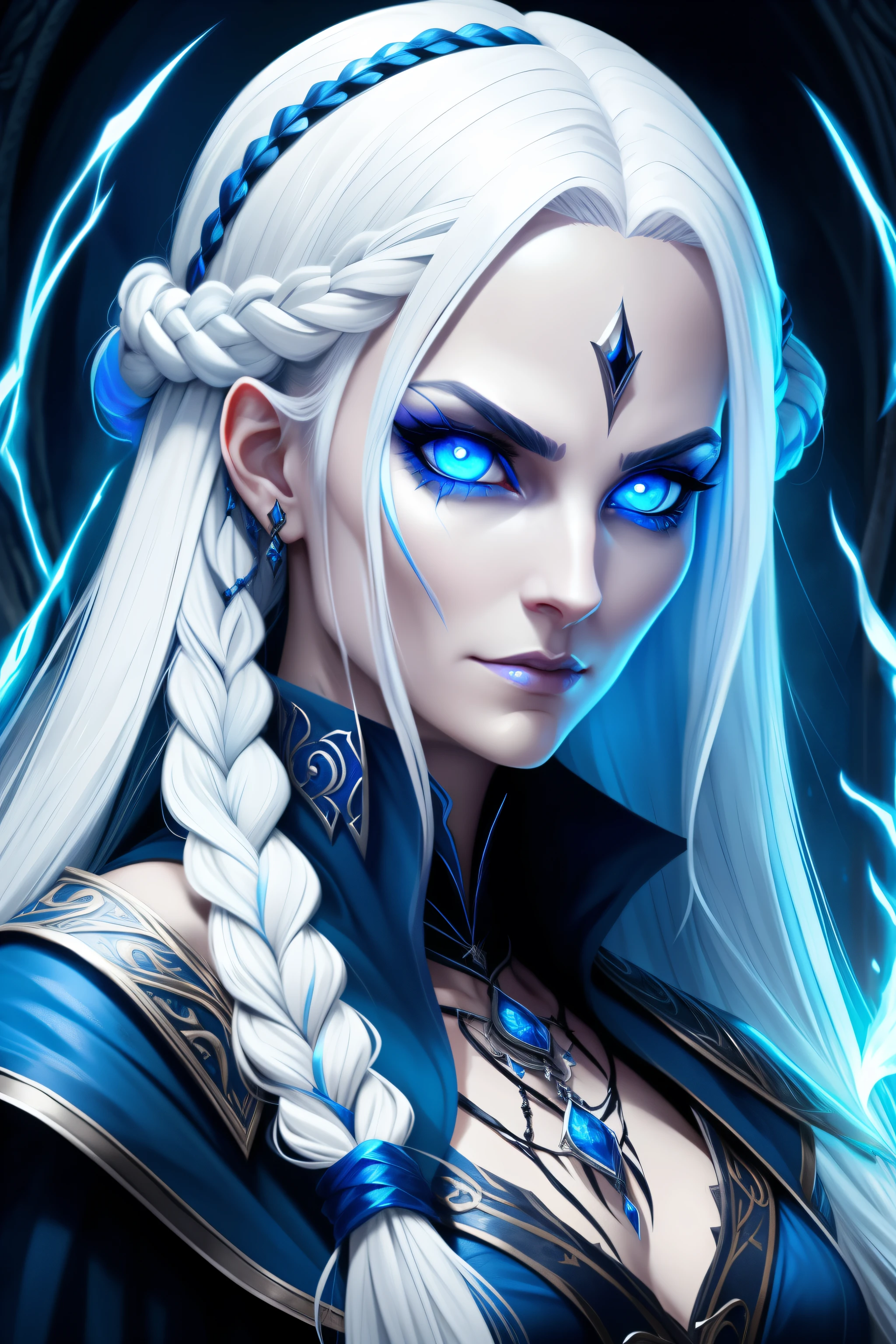 邪惡的女巫, 銳利的藍眼睛, 白色的頭髮, 辮髮, 施咒語