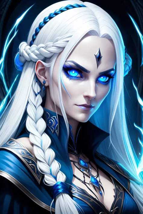 Evil sorceress, piercing blue eyes, white hair, braided hair, casting a spell