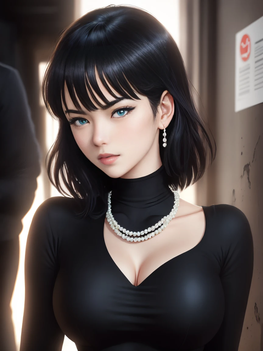 A stunning intricate full color Retrato of Fubuki, pele pálida, Cabelo preto, olhos azuis, Usando um vestido preto justo, decote profundo,colar de pérolas, Sedutor, Retrato, por Ilya Kuvshinov, alessio albi, Nina Masic, foco nitído, iluminação natural, dispersão subterrânea, f2, 35mm, grão de filme, 