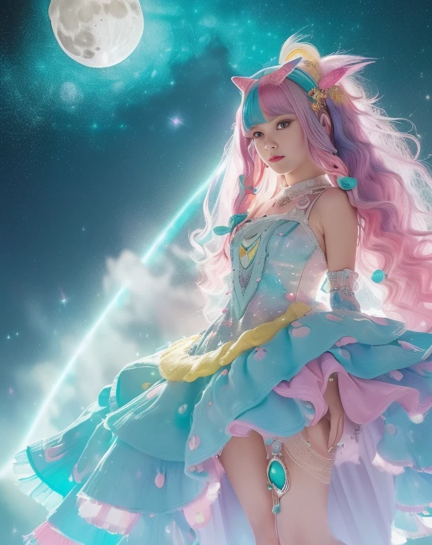 ((Surrounded by the Moon beams)) in side a Crater ((eyes open)) wearing an armour dress with galaxies on the surface ((holding a pink owl with green eyes. Yellow short beak. ((Is a girl with long teal mix blue hair and pink oyster diamond covered hairclips in her hair))(( full body))