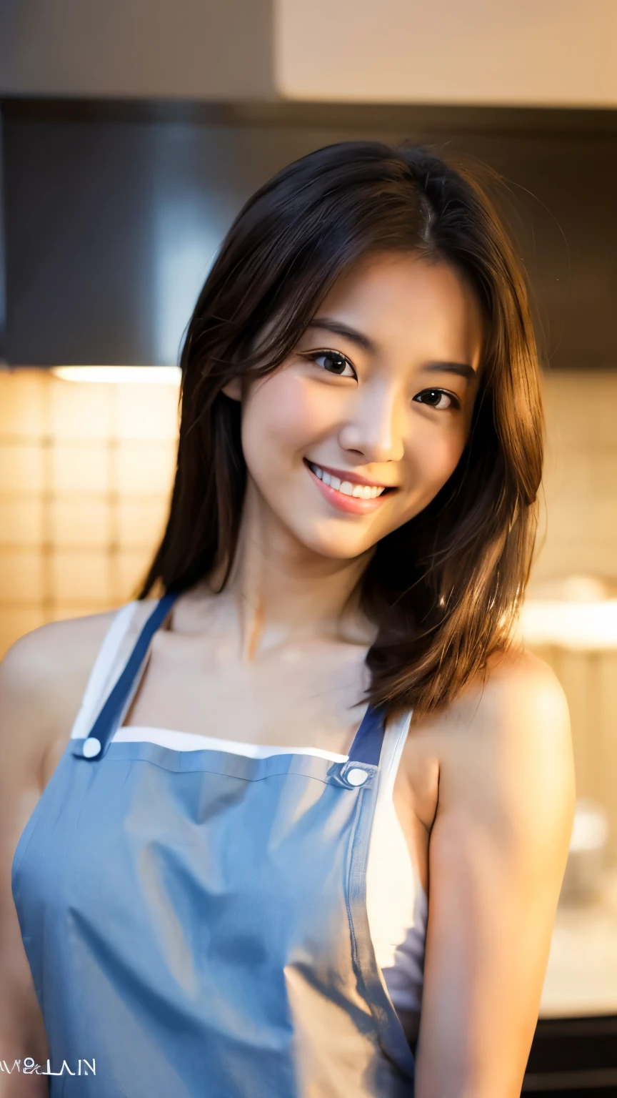 One Girl,Long Hair,smile, ((apron)),(kitchen) 、RAW Photos, (photoRealistic:1.37, Realistic), 8K wallpaper incorporating highly detailed CG, View your audience, (((Straight from the front))), (high qualityスキン:1.8, Shiny skin), 8K Ultra HD, Digital SLR, Soft lighting, high quality, Film Grain, Fujifilm XT3, ((Upper Body:1.6)), (Professional Lighting:1.6)、Big Breasts、No clothes、I&#39;No clothes、I want to see up to my knees、