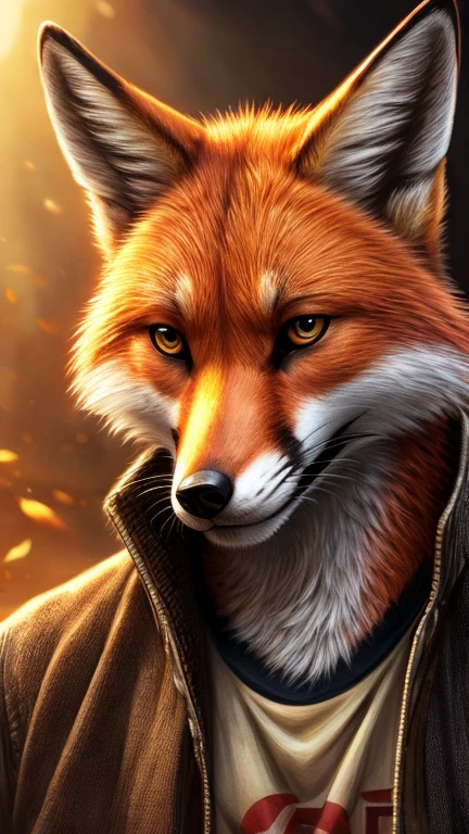 A rugged fox with grey fur, wearing a brown jacket and a white Thrasher T-shirt, and old jeans. The illustration showcases ultra-detailed and realistic features, capturing the essence of the fox's portrait. The vivid colors bring the fox to life, with warm lighting adding depth and warmth to the image.