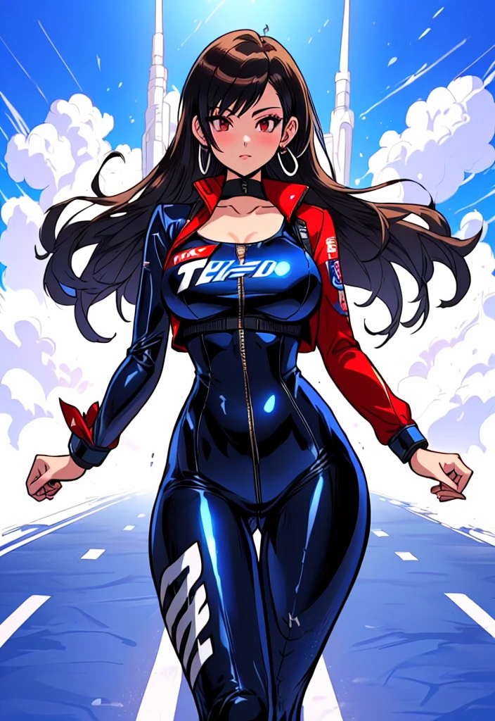 (una caricatura de una mujer sola con un traje de látex azul inspirado en: Nico Robin, Tifa Lockhart, Yo también haré fanart., hinata hyuga, shiina mayuri, personaje de king of luchadores, Dibujado como el anime Speed Racer.), chica anime seductora,  grueso, oppai biomecánicos, en una pista de carreras, oppai, usando traje ajustado, pista de carreras ciberpunk, (ilustración inspirada en : f cero, LÍNEA ROJA, limpiar, corredor de velocidad y rey de los luchadores)