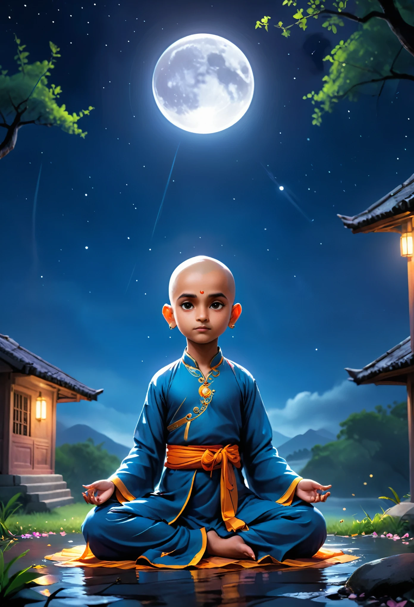 Child image of a bald Indian  meditating. roupas de costumes budista. night sky , com uma enorme lua cheia. cinematic lighting. Child Full moon landscape 