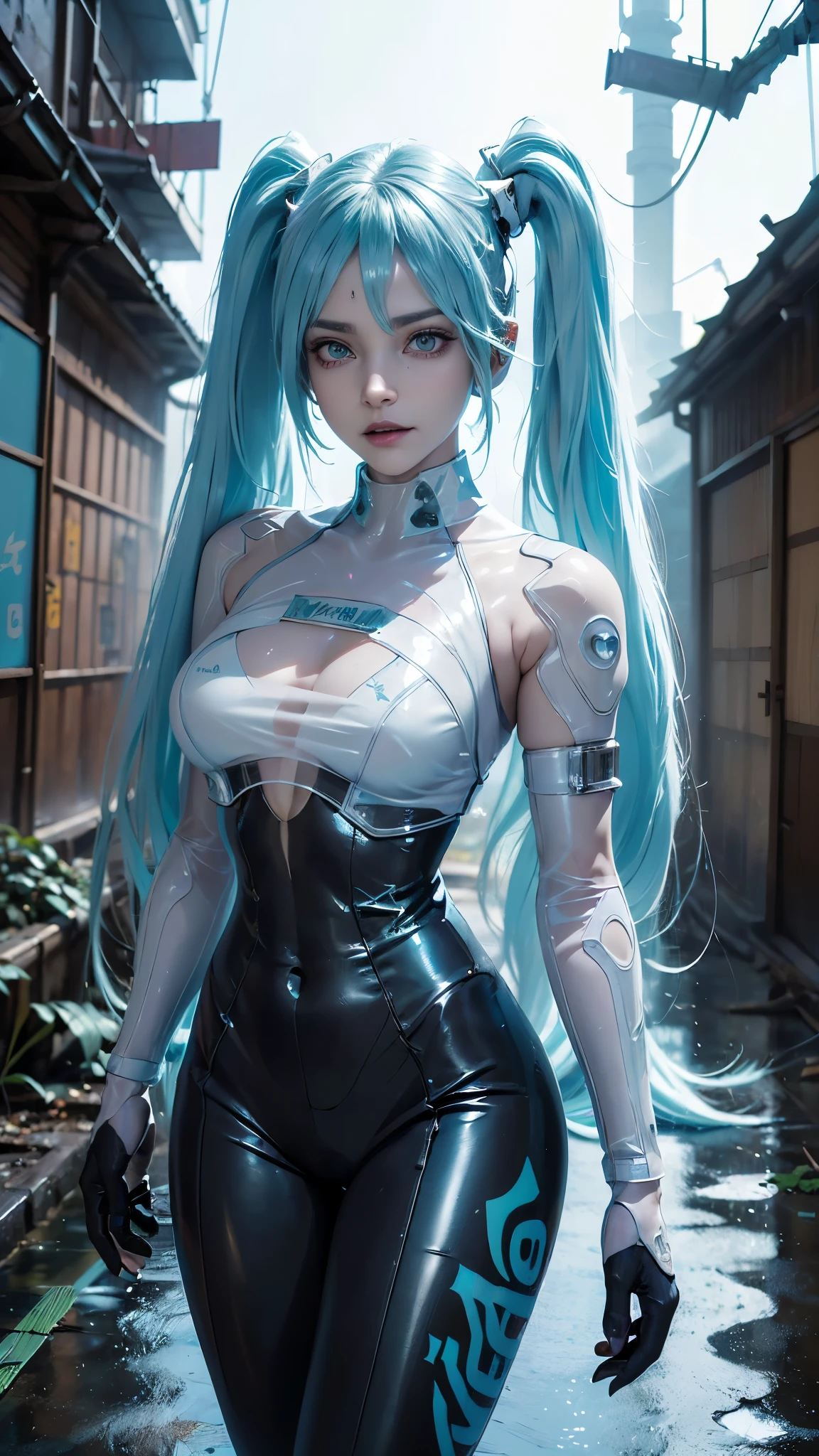 (La mejor calidad,A high resolution,Ultra - detallado,actual), Miku Hatsune dynamic pose , ,(Ruined alley Tokyo cyberpunk dungeon ruins background :1.4 ),(Fondo de ruinas de mazmorra en ruinas cyberpunk :1.4 ), piel brillante, una ligera sonrisa, Racing Miku,(BodySuit blanco cyborg plastico transparente :1.4) , guantes de dos tonos, botas altas de muslo,,(Fondo de ruinas de mazmorra en ruinas nublado lluvia :1.4 ),(Obra maestra: 1.4), (8k UHD , realista, foto cruda, La mejor calidad: 1.4),(Miku Hatsune:1.4), (Miku Hatsune V2.1),(dedos hermosos detailed :1.4) ,( dynamic pose), (perfect anatomy:1.4 ), (cara detallada :1.4), , (cosplay hatsune miku),( no mutaciones), (colores brillantes), (transparent white plastic cyborg mechanic :1.4) ,( ciberpunk 2.1),( Sin texto), (no mutaciones) 