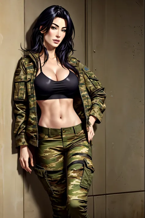 Jaime Murray wearing a jacket, brassiere and camouflage pants, bare midriff, looking hot