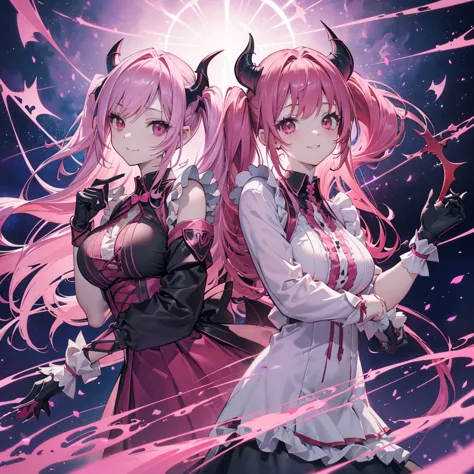 ((fantasy　pink hair　please dye the inside of your hair red　twin tails　dull red eyes　succubus　maid clothes　put on a coat without ...