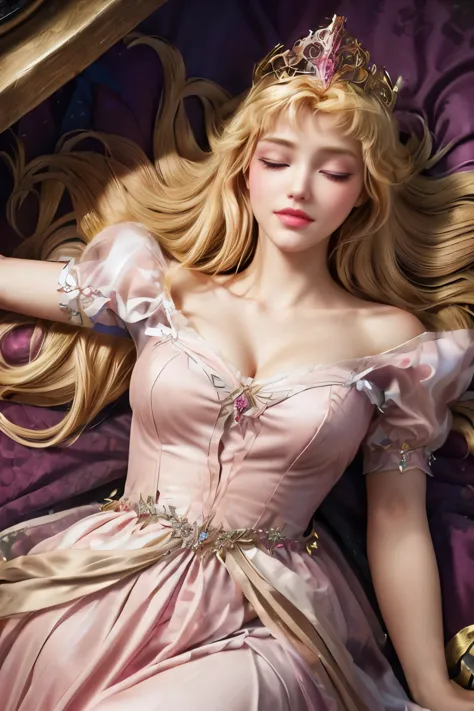 Blonde woman in a pink dress reclining on a purple chair, sleeping beauty fairytale, sleeping beauty, A lovely and sloppy prince...