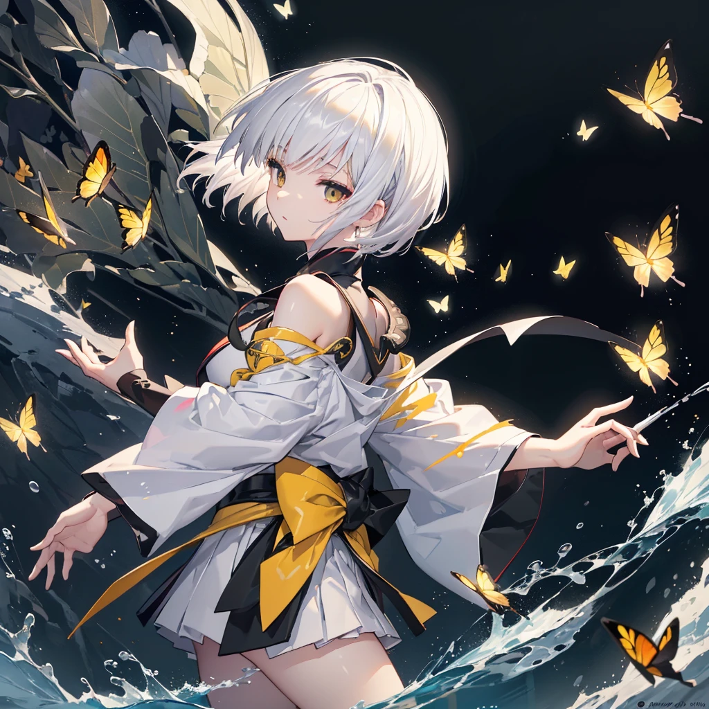 ((high resolution　White Hair　Short Hair　Black kimono　Black band　Military commander　Lonely　despair))　((Yellow butterfly　night　Jap...