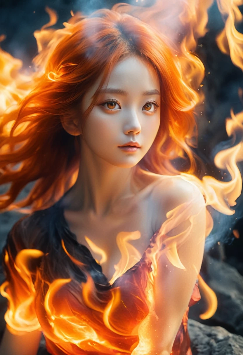 (Fire Element:1.1),Composed of fire elements,(1 busty girl:1.2),on fire,transparency,fiery,(Molten rock),Flame skin,Flame print,fiery hair,smokes,cloud,Lop Nur,,a girl wrapped in flames, The flames rise and sparkle,burning hands,Translucent luster,