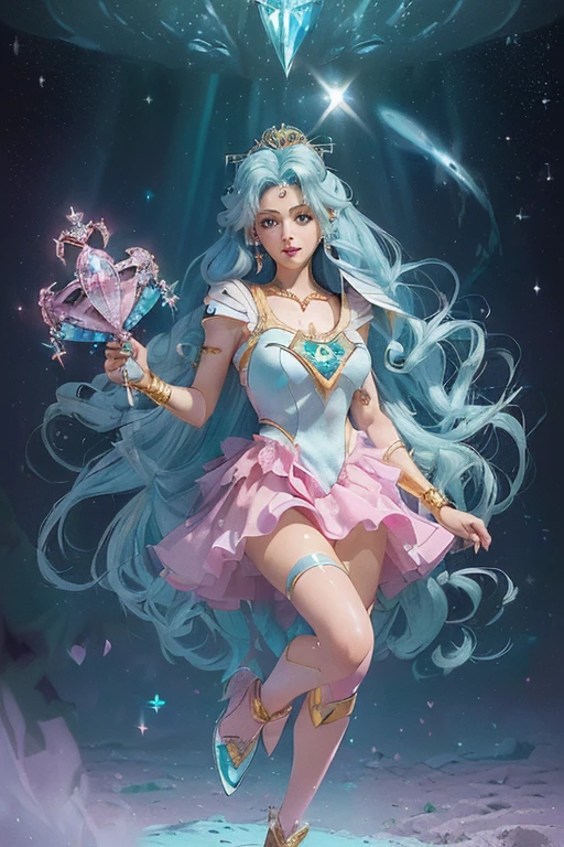 femme((Surrounded by the Moon beams)) in side a Crater ((eyes open)) wearing an armour dress with galaxies on the surface ((holding a pink owl with green eyes. Yellow short beak. ((Is a girl with long teal mix blue hair and pink oyster diamond covered hairclips in her hair))(( full body) sailor moon, buste moyent et couvert, uniforme sailor moon, kawaii, cheveux rose, bleu, mauve en pastel très long, christal castle, vibrant avec 4 longues aile d'ange dans le dos, immense sceptre argenté, huge gold crystal, silver crown on the head