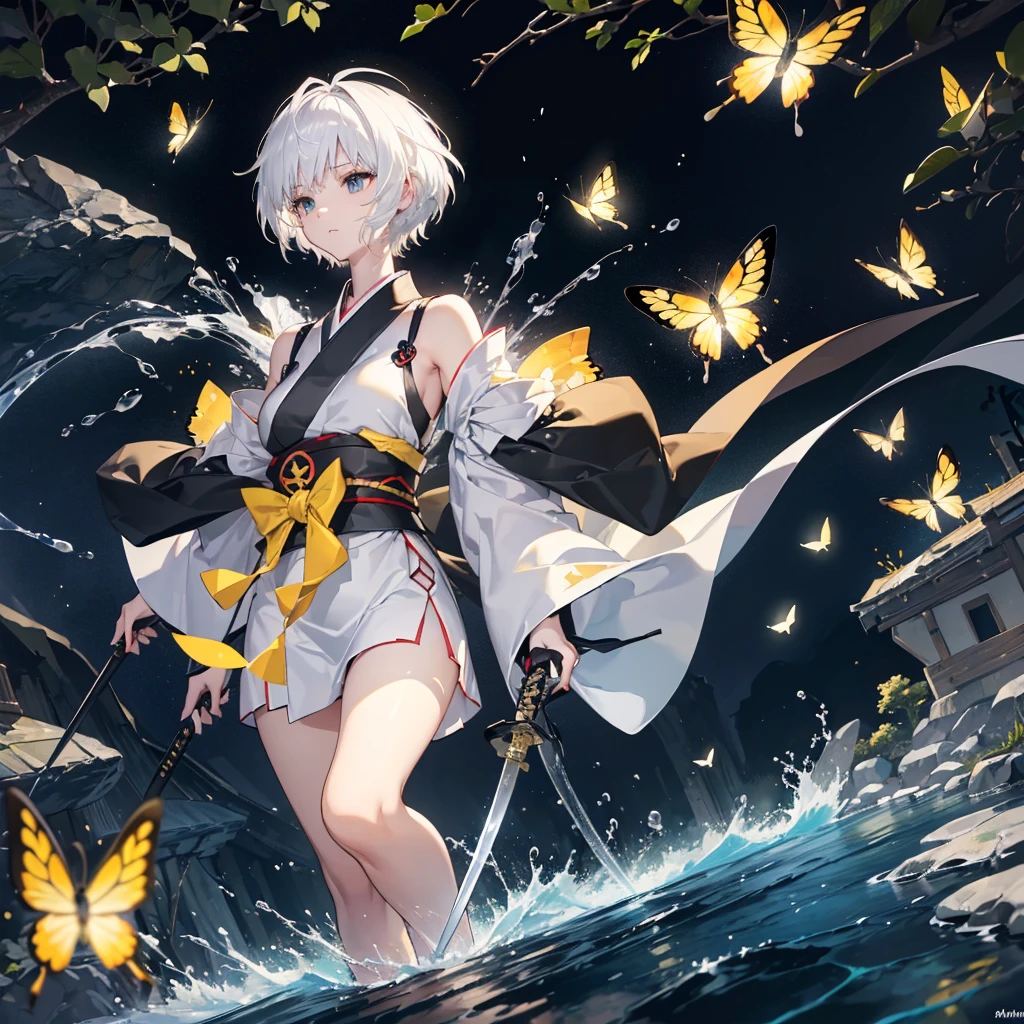 ((high resolution　White Hair　Short Hair　Black kimono　Black band　Military commander　Lonely　despair))　((Yellow butterfly　night　Jap...