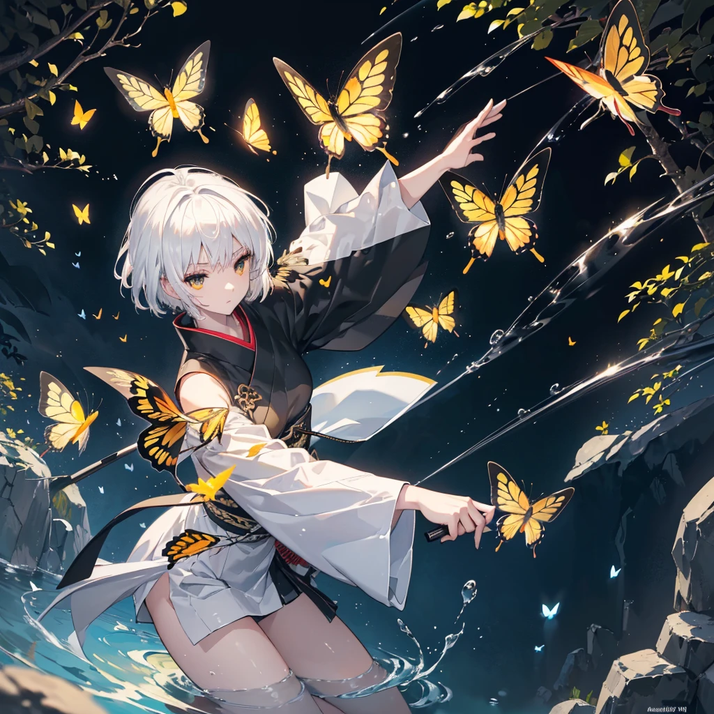 ((high resolution　White Hair　Short Hair　Black kimono　Black band　Military commander　Lonely　despair))　((Yellow butterfly　night　Jap...