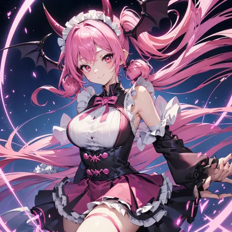 ((fantasy　pink hair　please dye the inside of your hair red　twin tails　dull red eyes　succubus　maid clothes　put on a coat without ...