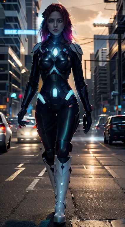 full body woman in cyberpunk cyti walking glowing neon stripes on the dress's boots, vibrant color, cyberpunk style, ultra reali...