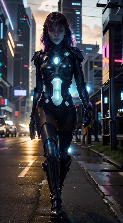 full body woman in cyberpunk cyti walking glowing neon stripes on the dress's boots, vibrant color, cyberpunk style, ultra reali...