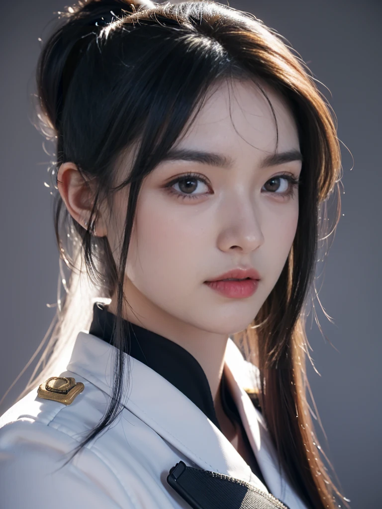 masterpiece,Best quality,high resolution,8K,(portrait),(Close-up of the portrait),(RAW photos),Digital Photography,Policewoman,20-year-old girl,Long ponytail hairstyle,Long bangs,(Black and Blue Ombre Hair),Red Eyes,Elegant and luxurious,shut your mouth,serious yet charming,Combat uniform,Rule of Thirds,Gray Street,oc render reflection texture