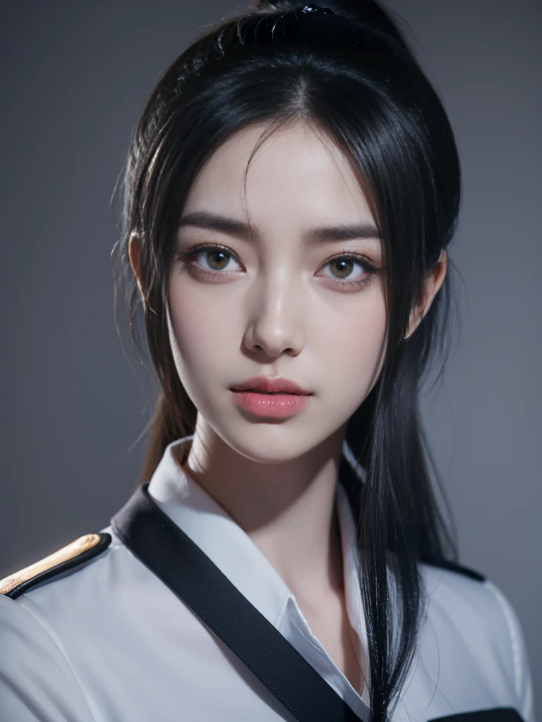 masterpiece,Best quality,high resolution,8K,(portrait),(Close-up of the portrait),(RAW photos),Digital Photography,Policewoman,20-year-old girl,Long ponytail hairstyle,Long bangs,(Black and Blue Ombre Hair),Red Eyes,Elegant and luxurious,shut your mouth,serious yet charming,Combat uniform,Rule of Thirds,Gray Street,oc render reflection texture