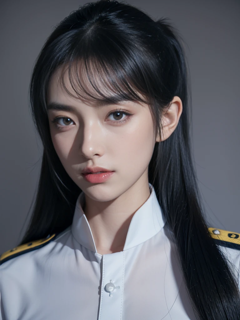 masterpiece,Best quality,high resolution,8K,(portrait),(Close-up of the portrait),(RAW photos),Digital Photography,Policewoman,20-year-old girl,Long ponytail hairstyle,Long bangs,(Black and Blue Ombre Hair),Red Eyes,Elegant and luxurious,shut your mouth,serious yet charming,Combat uniform,Rule of Thirds,Gray Street,oc render reflection texture