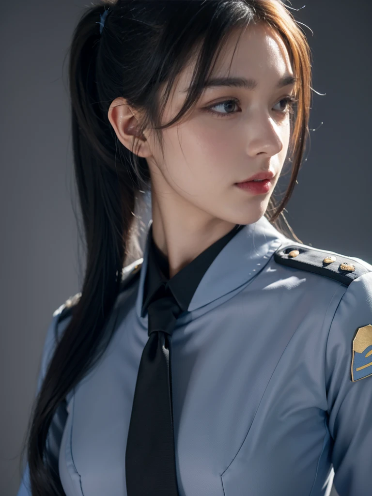 masterpiece,Best quality,high resolution,8K,(portrait),(Close-up of the portrait),(RAW photos),Digital Photography,Policewoman,20-year-old girl,Long ponytail hairstyle,Long bangs,(Black and Blue Ombre Hair),Red Eyes,Elegant and luxurious,shut your mouth,serious yet charming,Combat uniform,Rule of Thirds,Gray Street,oc render reflection texture