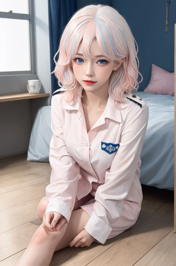 (masterpiece), (high quality), (8k resolution), (original photo), (best quality), (masterpiece:1.5), (Practical:1.5), ((photo Practical)), Vivid details, hyper Practical,1 Girl, (Lovely:1.2), beautiful, high quality、Delicate face, Perfect face, (White hair and light pink hair:1.4), Red face, delicate eyes, (blue eyes),Colored eyes,(Big watery eyes),National Foundation,, slim body, looking at the audience, Shut up, Real human skin, shiny skin, Mid-chest, ((Uniforms)), sit, floor,