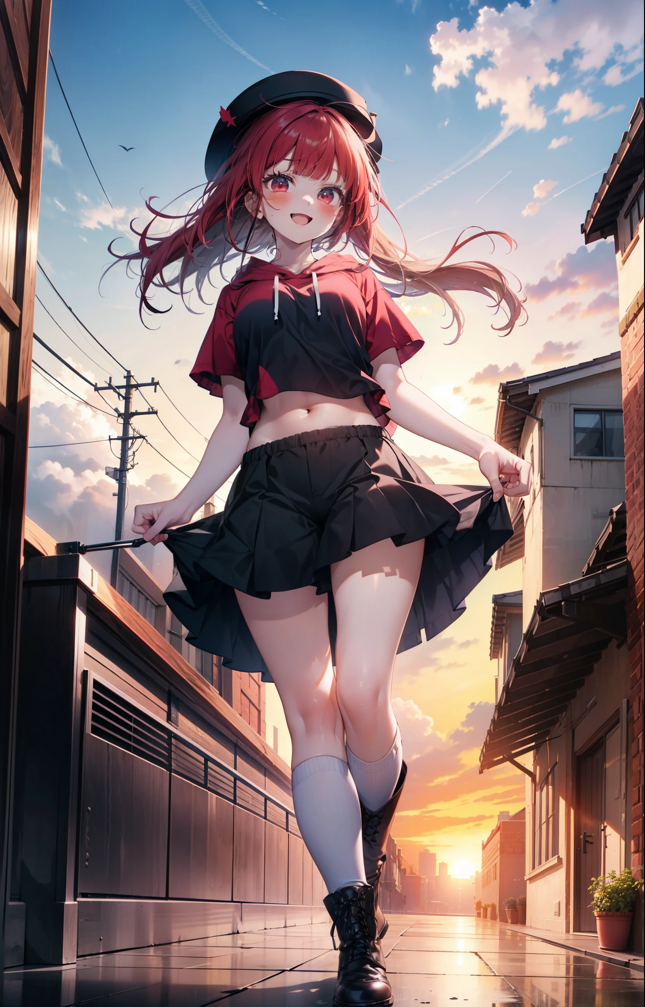 Arima etc., Arima Kana, (Red eyes:1.5), Long Hair,blush,happy smile, smile, Open your mouth,Redhead,Applejack Hat,Red Tank Top Shirt,Black hoodie,Short sleeve,The front is free,Shorts,Black knee socks,short boots,Looking up from below,whole bodyがイラストに入るように,morning,morning陽,The sun is rising,Walking,
break looking at viewer,whole body,
break outdoors, In town,Building district,
break (masterpiece:1.2), highest quality, High resolution, unity 8k wallpaper, (shape:0.8), (Beautiful and beautiful eyes:1.6), Highly detailed face, Perfect lighting, Highly detailed CG, (Perfect hands, Perfect Anatomy),
