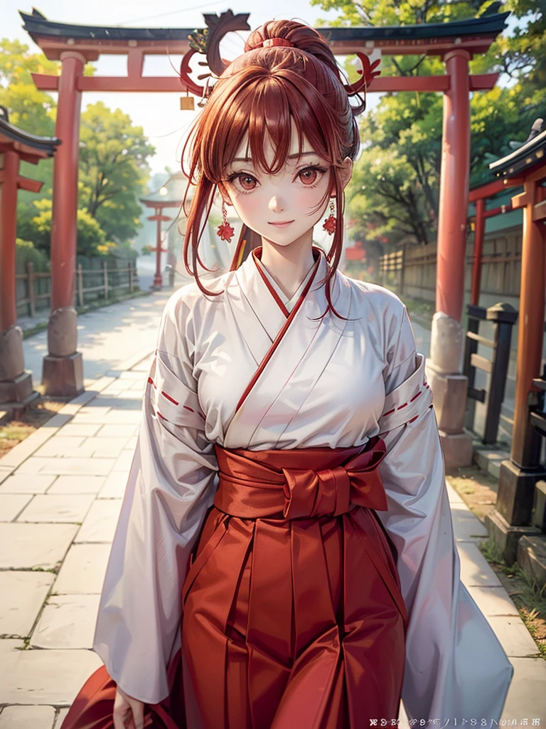 (​masterpiece),(top-quality:1.2),1girl,light smile,vibrant colors,soft tones, Warm atmosphere, Gentle lighting,slender white body,beautiful detailed eyes,red hair,ponytale hair,(long miko clothes),(long sleeve),(long hakama;1.3),(small breasts),(shinto shrine),(1 torii gate:1.3),beautiful anime style,bokeh,film lighting,depth of written boundary,create an ethereal atmosphere like a dream,spiritual