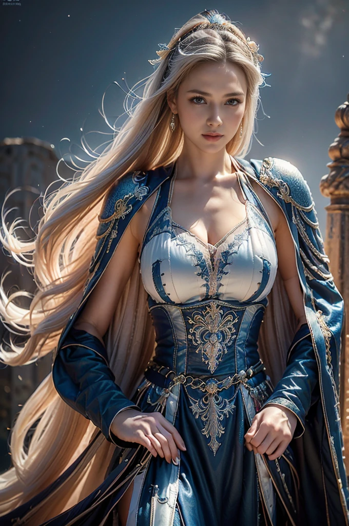 masterpiece，Best quality，high resolution，8k，((portrait))，(Head close-up)，original photo，real picture，Digital Photography，(Female adventurer in medieval fantasy style)，(medieval female adventurer)，25-year-old female，(Dark blue gradient for hair)，Short white hair，Red Eyes，(White gray gradient long hair，White)，(Large Breasts)，Luxurious decoration，Open lips，Keep your mouth smooth and attractive，((frown))，Serious and arrogant，Calm and handsome，(Medieval leather in a dreamy style，Combined Armor，cloak，Animal Leather Armor，coat)，Photo poseedieval fantasy style，Night city background，oc render reflection texture