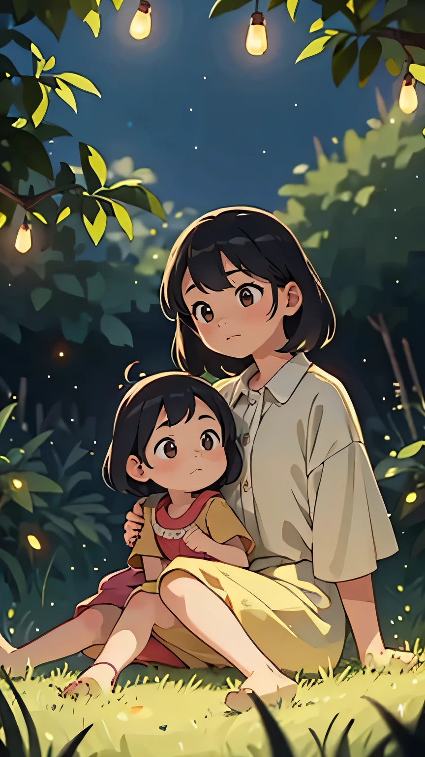 (highest quality:1.2, Realistic, Vibrant colors), Moderate:figure, Two girls chasing fireflies on a summer night, Their mother watches over them nearby., Girls enchanted by the glow of fireflies