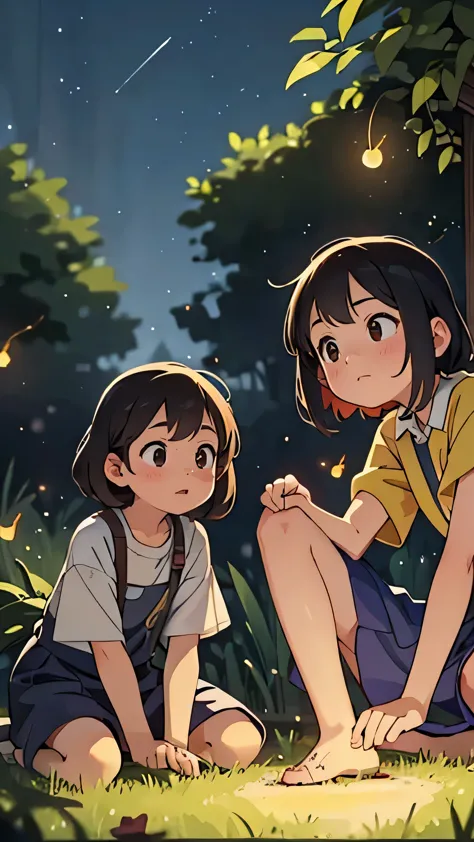 (highest quality:1.2, Realistic, Vibrant colors), Moderate:figure, Two girls chasing fireflies on a summer night, Their mother w...