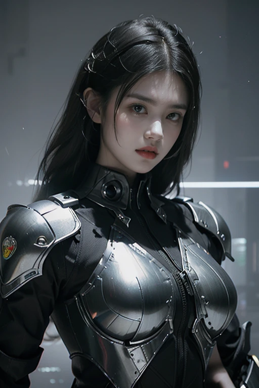 Game art，The best picture quality，Highest resolution，8K，((A bust photograph))，((Portrait))，(Rule of thirds)，Unreal Engine 5 rendering works， (The Girl of the Future)，(Female Warrior)， 22-year-old girl，(Female hackers)，(Ancient Oriental hairstyle)，(A beautiful eye full of detail)，(Big breasts)，(Eye shadow)，Elegant and charming，indifferent，((Frown))，(Battle wear full of futuristic tech，Clothing combines futuristic power armor and police uniforms，The garments are adorned with glittering patterns and badges)，Cyberpunk Characters，Future Style， Photo poses，City background，Movie lights，Ray tracing，Game CG，((3D Unreal Engine))，oc rendering reflection pattern