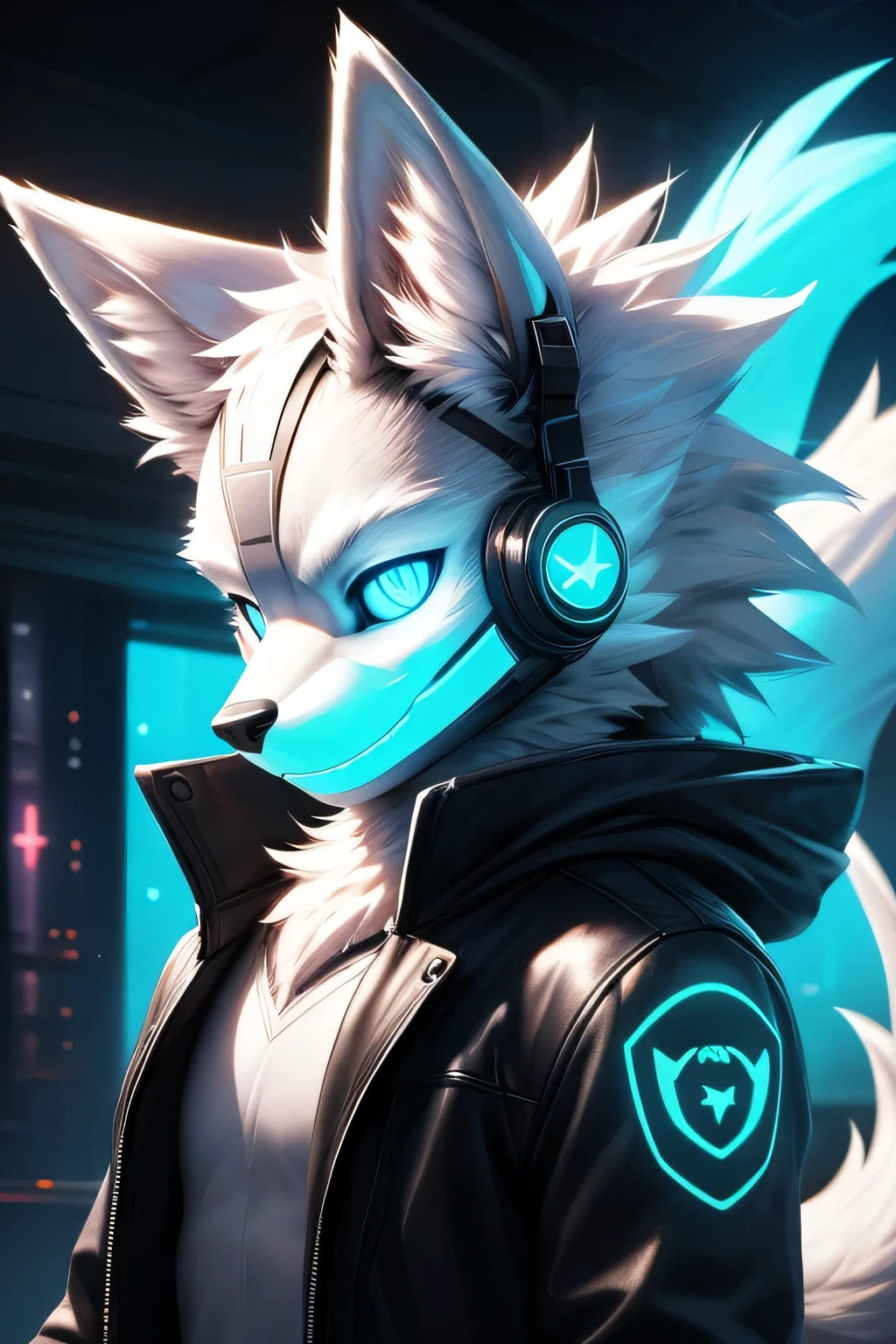 Young werewolf, white fur, wearing a black jacket with neon details, sporting a cybernetic mask, with gamer headphones, profile picture, Close-up on the faceRystal, Star Fox, Male, (A detailed), fluffly, Solo, , fotorealistisch, ((clear structural details)), Meticulous and realistic, Detailed eyes, (Turquoise blue pupils), ((Silvery-white glowing eyes)), Evil smile, Smile, slenderness, soft, 4K, Excellent quality, high detal, Detailed fur, ((The tail is in the right place) ，Light blue panties。Two ears
