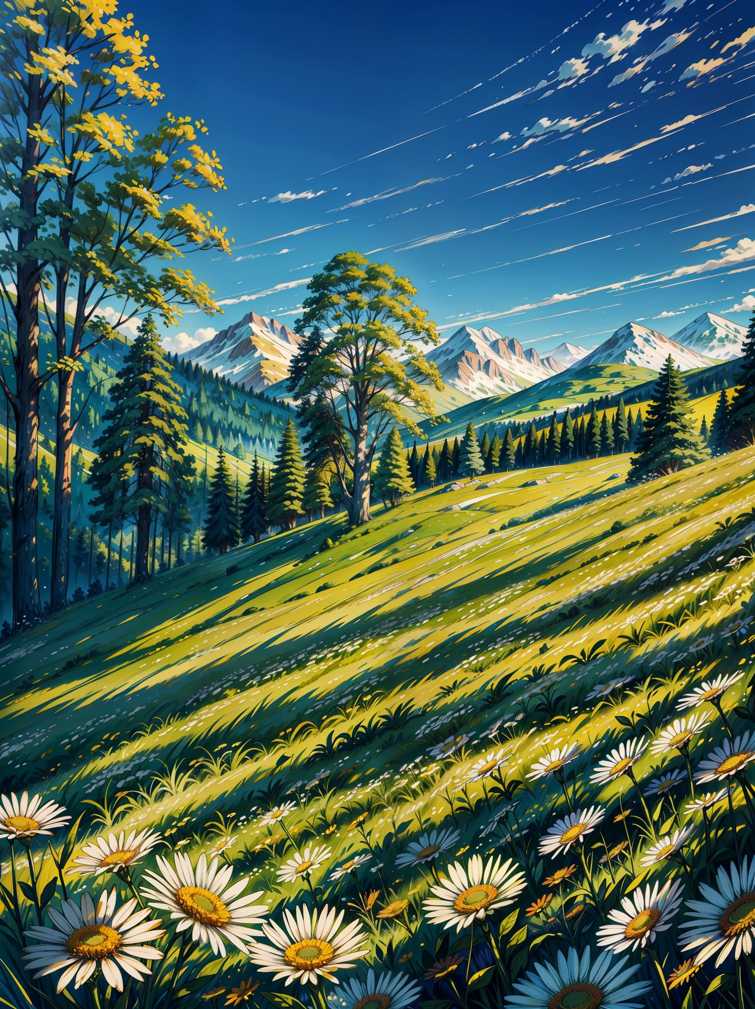 a painting of a field of daisies with trees in the background, meadow with flowers, vibrant gouache painting scenery, meadow background, mountain behind meadow, meadows on hills, wildflowers and grasses, by Bob Thompson, field of wild flowers, meadow flowers, summer meadow, field with grass and flowers, background of flowery hill, by Elaine Hamilton, rocky meadows