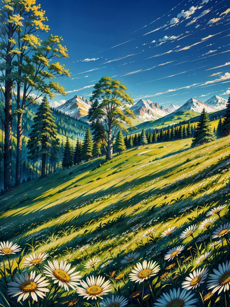 a painting of a field of daisies with trees in the background, meadow with flowers, vibrant gouache painting scenery, meadow bac...