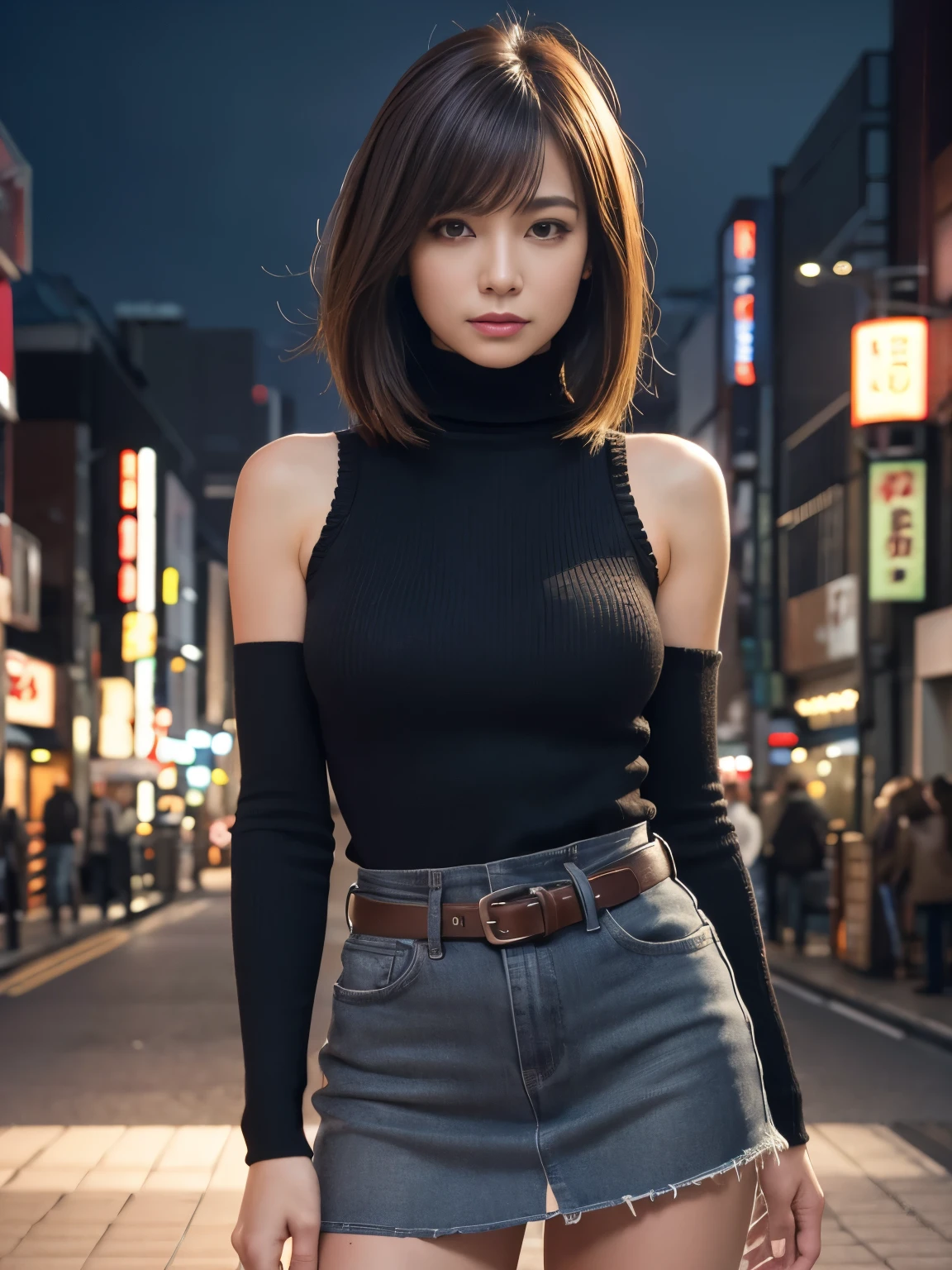 Product quality, One adult woman, Cowboy Shot, Front view, Japan female 40 years old, Long Bob Hair, At night, Wearing a black knitted turtleneck sweater, Wear a miniskirt, Very nice face, Glossy lips, Double eyelids on both eyes, Natural Makeup, shiny smooth light brown hair of Long Bob Hair, Asymmetrical bangs, Center image, 8K resolution, High detail, Detailed hairstyle, Detailed face, Cinema Lighting, Octane Rendering, Ultra-realistic, Perfect limbs, Perfect Anatomy