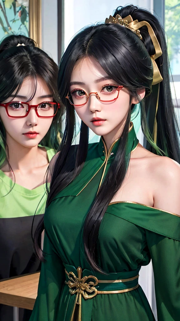 Close-up of a long-haired woman in a white dress,Off-shoulder， Young and cute Korean face, Cute and natural anime face, cute thin face of girl with long hair and harsh eyes, korean girl, 10,000 cute Korean faces, Beautiful Korean woman, beautiful anime girl, Urzan, Stunning anime face portraits, girl, Gorgeous young Chinese woman，black hair and green hair, Long Ponytail, Light green eyes,Red glasses，Red half frame glasses，Large target ，Above the waist