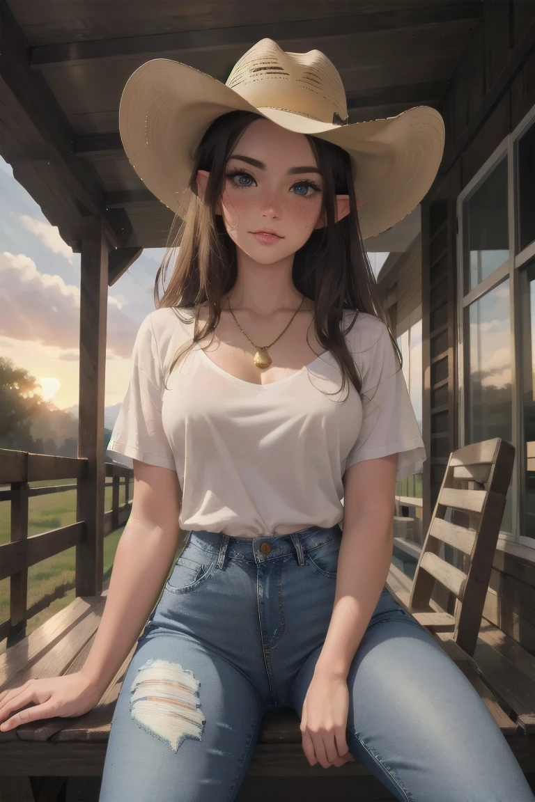 (elf girl), master piece, blushing, freckles, wide hips, slim waist, thick thighs, masterpiece, best quality, sfw, mature 36 year old woman, brown hair, moist face,  wavy hair, mouth open, shiny. lips, beutiful round eyes, black tshirt, tight jeans, mood light, soft lap light, cozy mood, Lofi astetic, the scene emulates an immense feeling of comfort and safety, high waist jeans, tight pants, ripped jeans, (large thigh rip on jeans), Beautiful eyes, the most beautiful eyes youve ever seen, shiny thighs, (extremely ripped jeans), camel toe, hands in lap, pointy ears, short sleeve, cleavege, gold necklace, looking at viewer, small breasts, cowboy hat, large cowboy hat, cowboy hat sitting low on head, shirt tucked in, outside on ranch, sitting on porch, sunset, sun setting in backround, cattle ranch