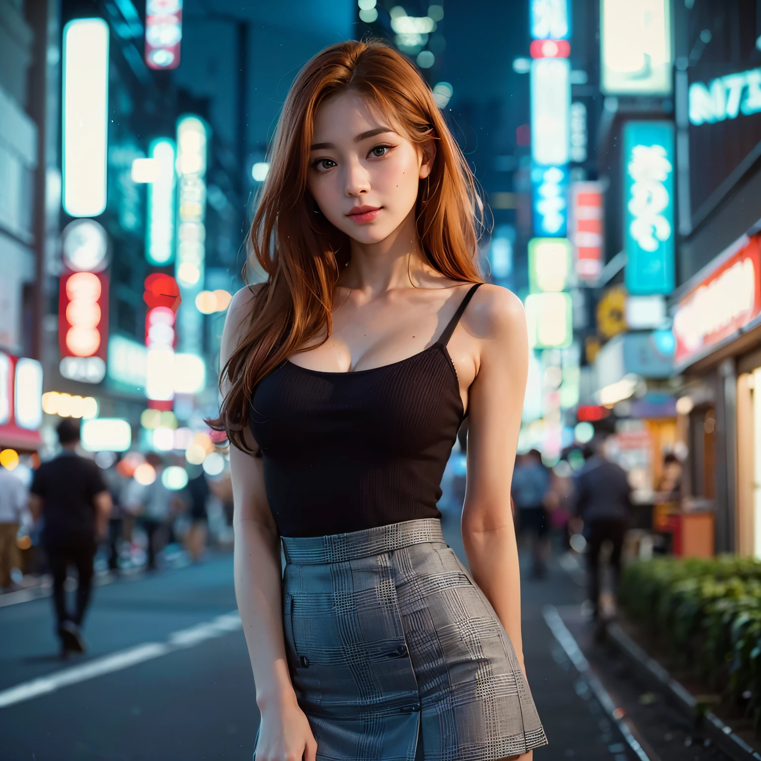 (8k, RAW photo, best quality, mastery:1.3), (realistic, photo-realistic:1.37), (looking viewer:1.331), (long auburn hair), posing, Tokyo street, nightcityscape, cyberpunk city, soft light, 1girl, extremely beautiful face , Perfect body proportions, (small face: 1.1), bust, casual hairstyle, smile, big eyes, (slip  with mini skirt), mix4, detailed eyes, ((Perfect Fingers, Perfect Eyes, V-shape Face)) 