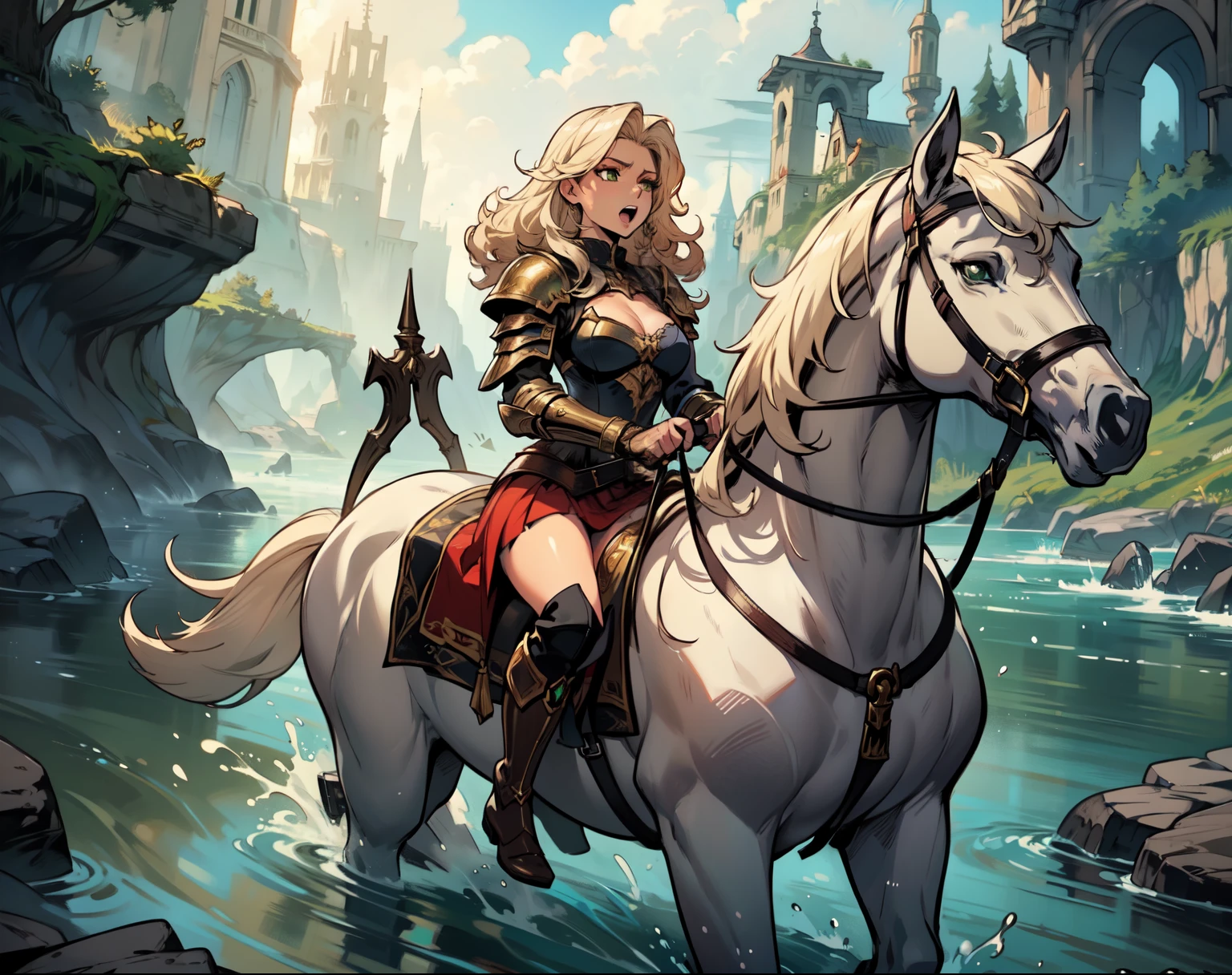 ((best quality)), ((anime masterpiece)), (high detailed), 8k, cinematic lighting perfect face, medium breast, cleavage, female knight riding a WHITE HORSE, (curly hair, {gold hair}, green armor, red miniskirt, black leather boots), (white horse, saddle, reins, bridle, stirups), (open mouth), solo, both hand holding rein, fantasy setting, in the river,((from side)), anatomically correct