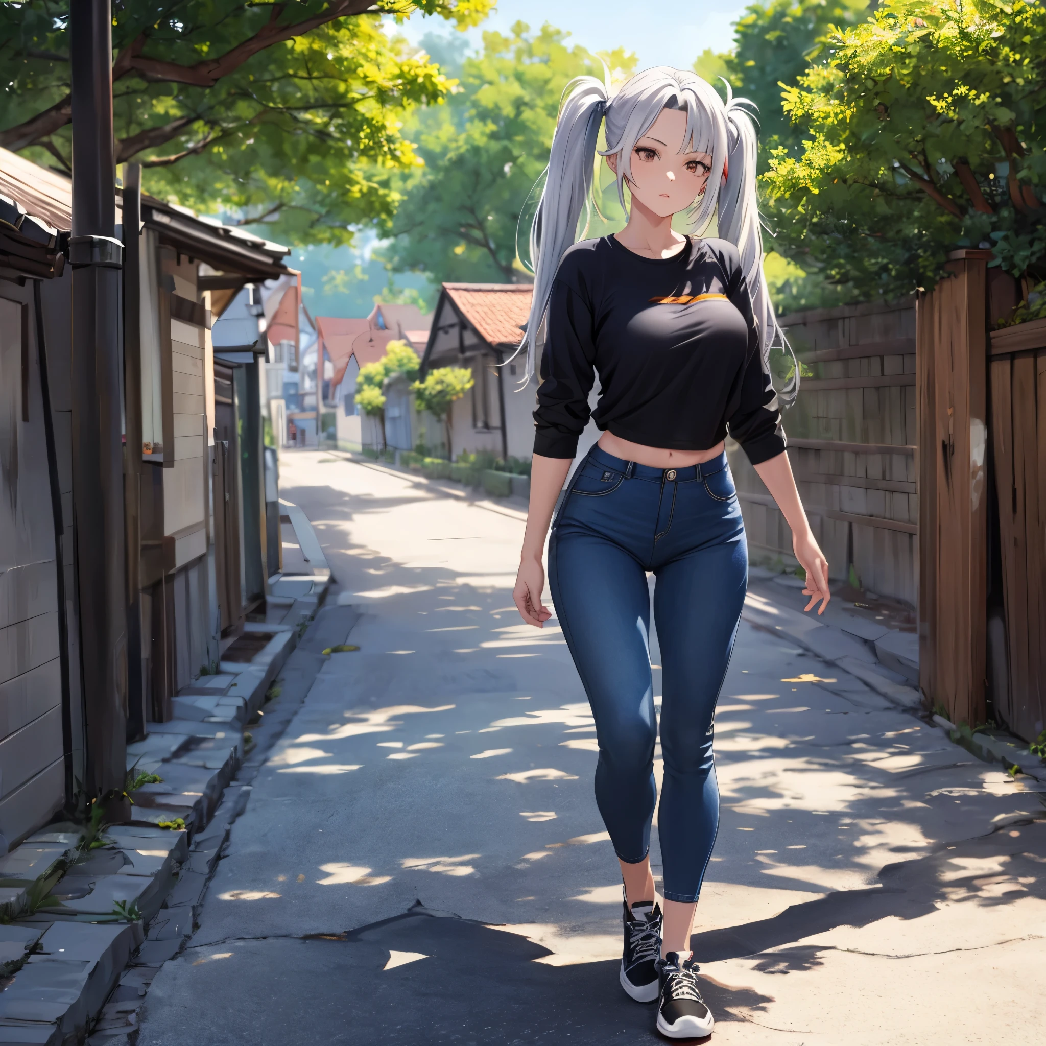 A woman wearing a casual black shirt (with white kanji writing on the shirt), wearing black jeans, wearing casual sneakers, long white hair, pigtails, red bangs, walking on an old paved sidewalk, in a traditional German town , traditional German houses in the background, some trees on site, full boy, stereogram, tachi-e, point of view, atmospheric perspective, 8k, superdetail, accurate, best quality, award-winning, textured skin, high resolution, anatomically correct, bokeh effect, ((woman solo).
